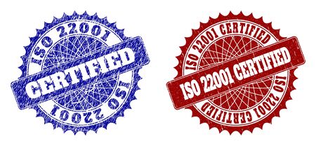 Rounded ISO 22001 CERTIFIED seal stamps. Blue and red scratched seal stamps with ISO 22001 CERTIFIED message inside rounded rosette. Flat vector watermarks with unclean surfaces.のイラスト素材