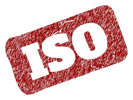 Flat vector ISO rubber imitation with scratched surface. Rounded rough rectangle seal. Red scratched seal with ISO caption inside rounded rough rectangle.のイラスト素材