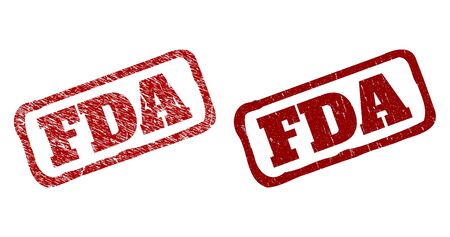 Rectangle rough FDA stamps. Red scratched stamps with FDA phrase inside rounded rectangle rough frame. Flat vector rubber imitations with scratched textures.のイラスト素材
