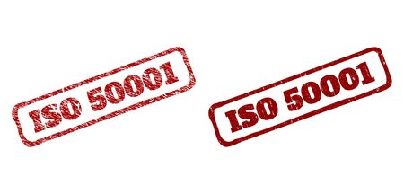 Rectangle rough ISO 50001 seal stamps. Red grunge seal stamps with ISO 50001 phrase inside rounded rectangle rough frame. Flat vector watermarks with grunge styles.のイラスト素材