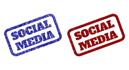 Rounded rectangle SOCIAL MEDIA watermarks. Blue and red grunge watermarks with SOCIAL MEDIA message inside rounded rectangle frame. Flat vector watermarks with grunge styles.のイラスト素材