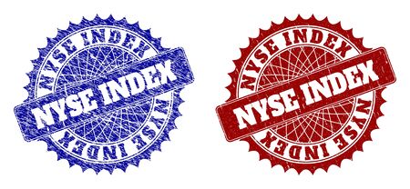 Rounded NYSE INDEX seals. Blue and red grunge seals with NYSE INDEX message inside round rosette. Flat vector rubber imitations with grunge styles.のイラスト素材