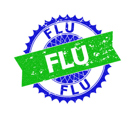 Vector FLU bicolor stamp seal with rough surface. Blue and green colors. Flat seal with FLU text inside round sharp rosette.のイラスト素材