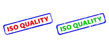 Vector ISO QUALITY framed rubber imitations with scratched texture. Rough bicolor rectangle seals. Red, blue, green colors used.のイラスト素材
