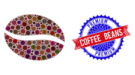 Coffee bean vector composition of sharp rosettes and PREMIUM COFFEE BEANS grunge stamp imitation. Bicolor PREMIUM COFFEE BEANS stamp uses rosette shape, red and blue colors.のイラスト素材