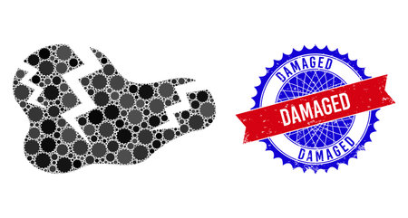 Crack vector composition of sharp rosettes and DAMAGED rubber seal. Bicolor DAMAGED seal uses rosette shape, red and blue colors. Rosettes are organized into crack vector composition.のイラスト素材