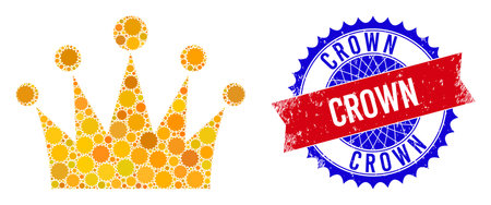 Crown vector composition of sharp rosettes and CROWN rough seal. Bicolor CROWN stamp seal uses rosette shape, red and blue colors. Rosettes are grouped into crown vector composition.のイラスト素材