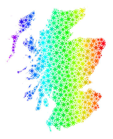 Spectrum gradient mosaic of Scotland map designed for Winter ads. Scotland map mosaic is organized with vibrant snow. Designed for patriotic posters.のイラスト素材