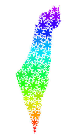 Rainbow gradient collage of Israel map created for New Year ads. Israel map mosaic is created of multicolored snowflakes. Designed for New Year ads.のイラスト素材