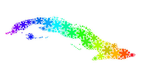 Spectral gradient mosaic of Cuba map combined for New Year ads. Cuba map mosaic is formed of multicolored snowflakes. Designed for New Year advertisement.のイラスト素材
