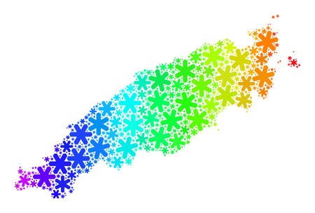 Rainbow gradient collage of Tobago Island map designed for New Year holidays. Tobago Island map mosaic is designed from multicolored snow elements. Designed for New Year posters.のイラスト素材