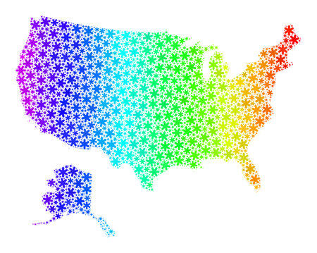 Spectrum gradient mosaic of USA with Alaska map created for Winter holidays. USA with Alaska map mosaic is created of colorful snow. Designed for political posters.のイラスト素材