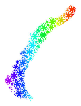 Spectrum gradient composition of Novaya Zemlya Islands map constructed for Winter ads. Novaya Zemlya Islands map mosaic is constructed of bright snow. Designed for Winter purposes.のイラスト素材