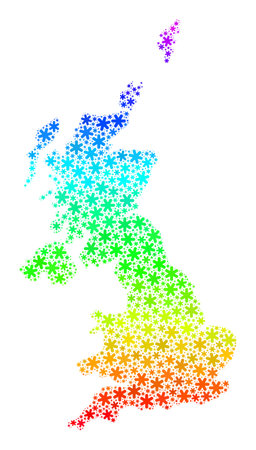 Rainbow gradient mosaic of United Kingdom map designed for Winter holidays. United Kingdom map mosaic is constructed of bright snow items. Designed for patriotic projects.のイラスト素材