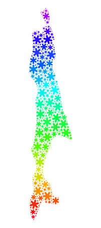 Spectrum gradient collage of Sakhalin Island map designed for Winter holidays. Sakhalin Island map mosaic is designed of multicolored snow icons. Designed for Christmas advertisement.のイラスト素材