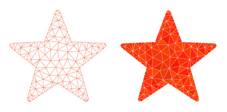 Mesh star polygonal icon illustrations, filled and carcass versions. Vector network star icons. Linear carcass and filled 2D network geometric images based on star icon.のイラスト素材