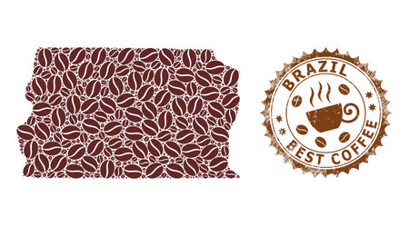 Coffee mosaic map of Brazil Distrito Federal and corroded badge. Vector map of Brazil Distrito Federal collage is designed from coffee grains. Round rosette stamp in brown colors.のイラスト素材