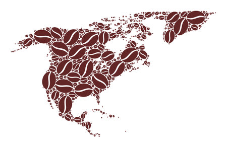 Coffee mosaic map of North America and Greenland and scratched stamp. Vector map of North America and Greenland collage is formed with coffee grains. Round rosette stamp in brown colors.のイラスト素材