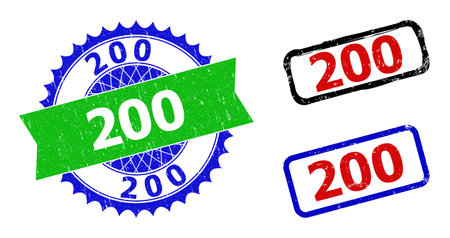 Bicolor 200 seal stamps. Blue and green 200 seal stamp with sharp rosette and ribbon elements. Rounded rough rectangle framed 200 seals in red, blue, black colors, with grunge surface.のイラスト素材