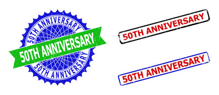 Bicolor 50TH ANNIVERSARY seal stamps. Green and blue 50TH ANNIVERSARY stamp with sharp rosette and ribbon design elements. Rounded rough rectangle framed 50TH ANNIVERSARY seal stamps in red, blue,のイラスト素材