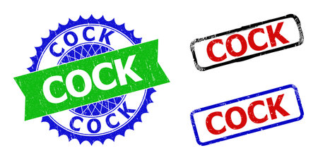 Bicolor COCK seal stamps. Green and blue COCK watermark with sharp rosette and ribbon. Rounded rough rectangular framed COCK seal stamps in red, blue, black colors, with distress texture.のイラスト素材