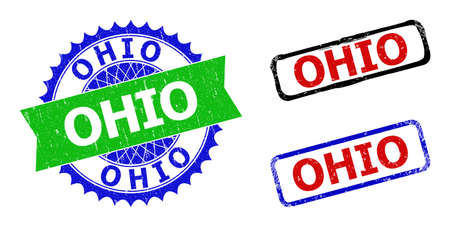 Bicolor OHIO badges. Green and blue OHIO seal with sharp rosette and ribbon elements. Rounded rough rectangle framed OHIO badges in red, blue, black colors, with corroded texture.のイラスト素材