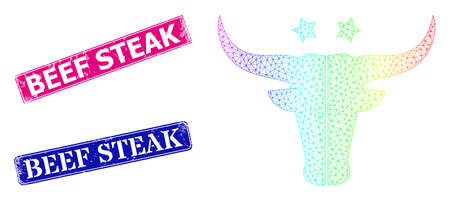 Rainbow colored mesh american beef , and Beef Steak dirty framed rectangle watermarks. Pink and blue rectangle stamp seals contain Beef Steak caption.のイラスト素材