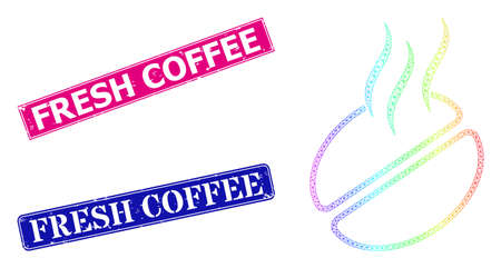 Rainbow colorful mesh coffee smell, and Fresh Coffee scratched framed rectangle stamp seals. Pink and blue rectangle stamp seals include Fresh Coffee text. Vector model created from coffee smell icon.のイラスト素材