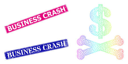 Spectrum vibrant mesh dead dollar, and Business Crash textured framed rectangle watermarks. Pink and blue rectangle seals have Business Crash tag. Vector model created from dead dollar icon.のイラスト素材