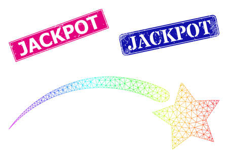 Rainbow colored network falling star, and Jackpot corroded framed rectangle stamp seals. Pink and blue rectangle stamp seals have Jackpot title. Vector model created from falling star icon.のイラスト素材