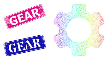 Spectrum vibrant mesh gear, and Gear dirty framed rectangle stamps. Pink and blue rectangle badges have Gear title. Vector model created from gear icon. Colorful carcass mesh icon.のイラスト素材
