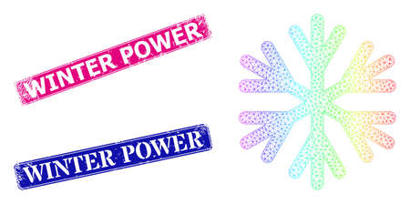 Rainbow colored network snow flake, and Winter Power corroded framed rectangle watermarks. Pink and blue rectangle seals contain Winter Power title. Vector model created from snow flake icon.のイラスト素材