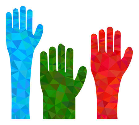 Low-poly voting hands constructed with random filled triangles. Triangle voting hands polygonal icon illustration. Voting Hands icon is filled with triangles.のイラスト素材