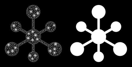 Glossy mesh vector linked hub with glare effect. White mesh, light spots on a black background with linked hub icon. Mesh and glare elements are placed on different layers.のイラスト素材