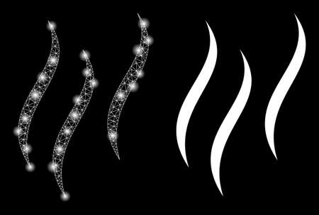 Glossy mesh vector aroma with glare effect. White mesh, glare spots on a black background with aroma icon. Mesh and glowing elements are placed on different layers.のイラスト素材