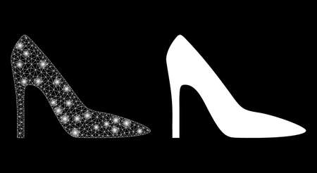 Magic mesh vector high heel lady shoe with glare effect. White mesh, glare spots on a black background with high heel lady shoe icon. Mesh and lightspot elements are placed on different layers.のイラスト素材