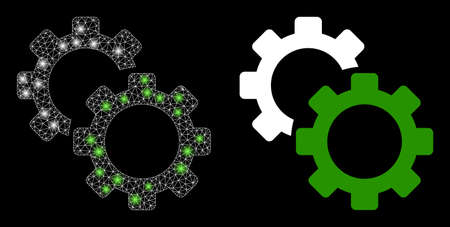 Glamour mesh vector gears with glow effect. White mesh, bright spots on a black background with gears icon. Mesh and lightspot elements are placed on different layers.のイラスト素材