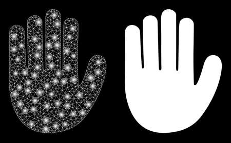 Glamour mesh vector hand palm with glare effect. White mesh, light spots on a black background with hand palm icon. Mesh and glare elements are placed on different layers.のイラスト素材