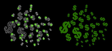 Bright mesh vector dollar symbols with glow effect. White mesh, bright spots on a black background with dollar symbols icon. Mesh and lightspot elements are placed on different layers.のイラスト素材