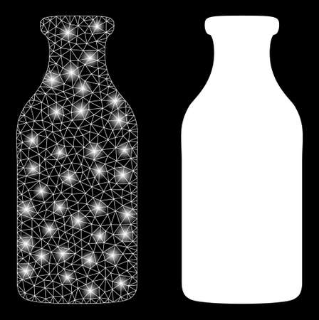Glamour mesh vector bottle with glow effect. White mesh, flash spots on a black background with bottle icon. Mesh and glowing elements are placed on different layers.のイラスト素材