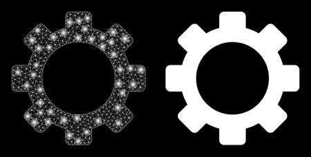 Glossy mesh vector cog with glow effect. White mesh, bright spots on a black background with cog icon. Mesh and lightspot elements are placed on different layers.のイラスト素材