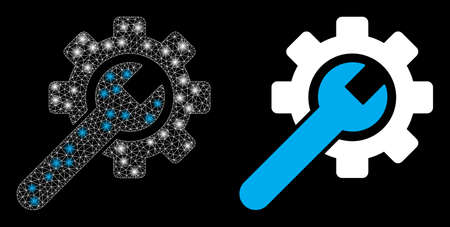 Bright mesh vector service tool with glow effect. White mesh, glare spots on a black background with service tool icon. Mesh and glare elements are placed on different layers.のイラスト素材