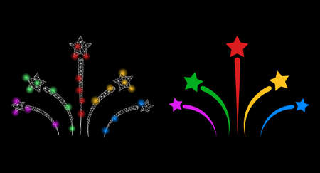 Bright mesh vector fireworks with glow effect. White mesh, bright spots on a black background with fireworks icon. Mesh and lightspot elements are placed on different layers.のイラスト素材