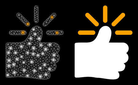 Bright mesh vector shining thumb with glare effect. White mesh, light spots on a black background with shining thumb icon. Mesh and glowing elements are placed on different layers.のイラスト素材