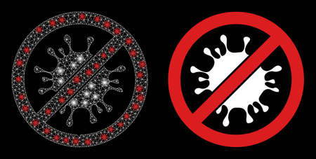 Bright mesh vector no coronavirus with glow effect. White mesh, glare spots on a black background with no coronavirus icon. Mesh and glare elements are placed on different layers.のイラスト素材