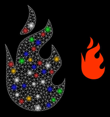 Glowing mesh network fire flame with colored flash nodes. Illuminated vector carcass created from fire flame icon. Sparkle carcass mesh fire flame, on a black backgound.のイラスト素材