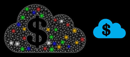 Glowing mesh web cloud banking with vibrant light dots. Constellation vector mesh created from cloud banking icon. Sparkle frame mesh cloud banking, on a black backgound.のイラスト素材