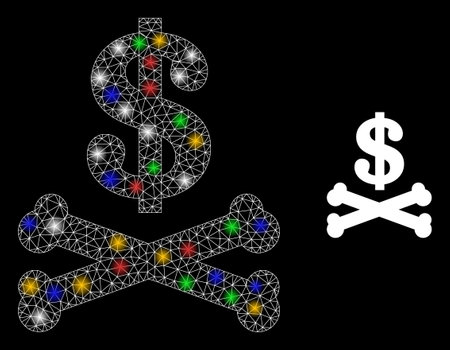 Glowing mesh net dead dollar with vibrant glowing spots. Constellation vector framework created from dead dollar symbol. Sparkle frame mesh dead dollar, on a black backgound.のイラスト素材