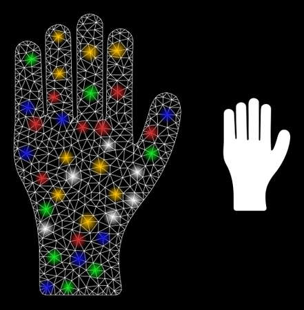 Glowing mesh web human hand with multicolored light spots. Constellation vector model created from human hand pictogram. Sparkle constellation mesh human hand, on a black backgound.のイラスト素材