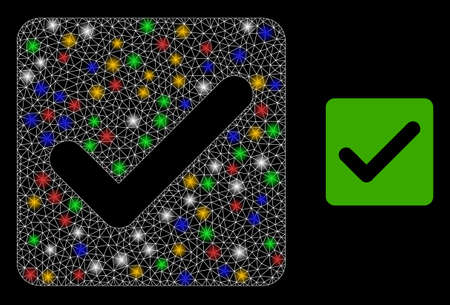 Shiny mesh network confirmation checkbox with colorful glowing spots. Constellation vector mesh created from confirmation checkbox symbol. Sparkle carcass mesh confirmation checkbox,のイラスト素材